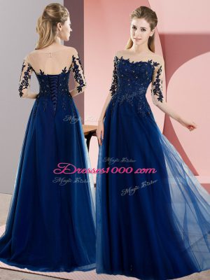 Floor Length Lace Up Bridesmaid Dress Navy Blue for Wedding Party with Beading and Lace