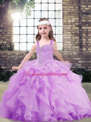 Beading and Ruffles Child Pageant Dress Lavender Lace Up Sleeveless Floor Length