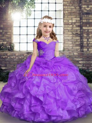 Beautiful Lavender Organza Lace Up Straps Sleeveless Floor Length High School Pageant Dress Beading and Ruffles
