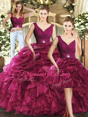 Elegant V-neck Sleeveless Backless Sweet 16 Dresses Burgundy Organza