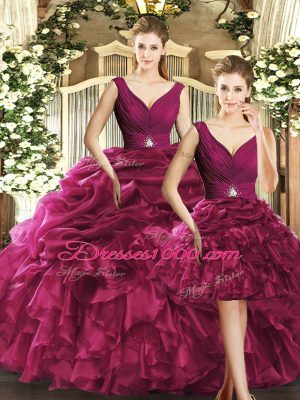 Elegant V-neck Sleeveless Backless Sweet 16 Dresses Burgundy Organza