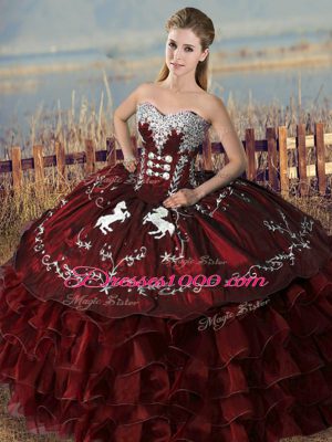 Custom Design Burgundy Sleeveless Embroidery and Ruffles Floor Length 15th Birthday Dress