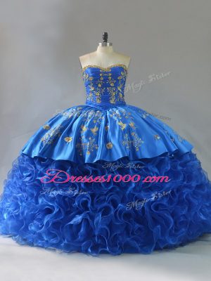 Sleeveless Embroidery and Ruffles Lace Up Ball Gown Prom Dress with Royal Blue