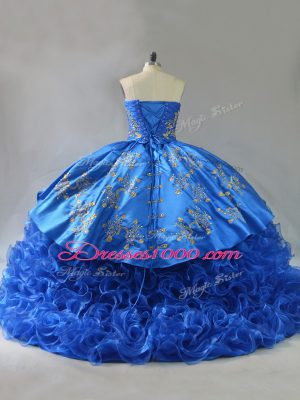 Sleeveless Embroidery and Ruffles Lace Up Ball Gown Prom Dress with Royal Blue