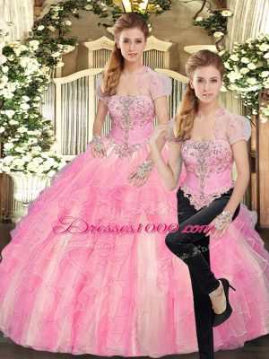 Trendy Baby Pink Tulle Lace Up Quinceanera Dresses Sleeveless Floor Length Beading and Ruffles
