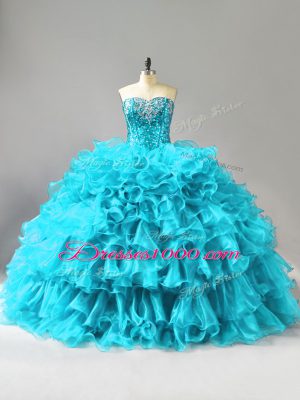 Aqua Blue Ball Gowns Ruffles and Sequins Sweet 16 Quinceanera Dress Lace Up Organza Sleeveless Floor Length