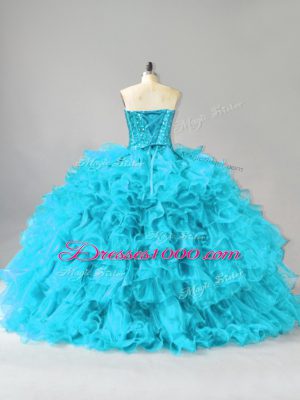 Aqua Blue Ball Gowns Ruffles and Sequins Sweet 16 Quinceanera Dress Lace Up Organza Sleeveless Floor Length