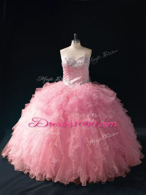 Pink Lace Up Sweetheart Beading and Ruffles Sweet 16 Dress Tulle Sleeveless
