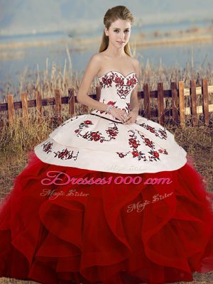 Sleeveless Tulle Floor Length Lace Up Sweet 16 Quinceanera Dress in White And Red with Embroidery and Ruffles and Bowknot