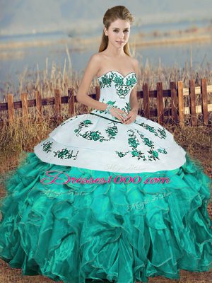 Turquoise Organza Lace Up Sweetheart Sleeveless Floor Length Vestidos de Quinceanera Embroidery and Ruffles and Bowknot