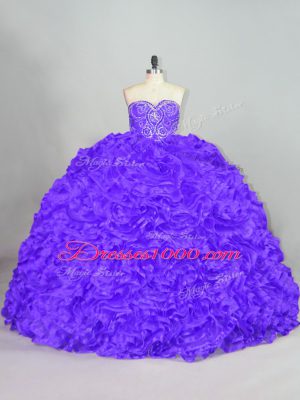 Purple Lace Up Sweetheart Beading Quinceanera Gowns Fabric With Rolling Flowers Sleeveless Court Train