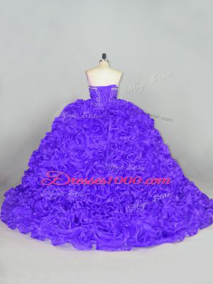 Purple Lace Up Sweetheart Beading Quinceanera Gowns Fabric With Rolling Flowers Sleeveless Court Train