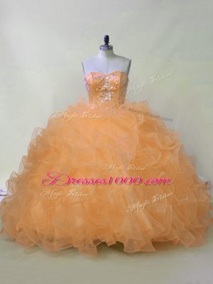 Adorable Orange Quinceanera Gowns Sweet 16 and Quinceanera with Beading and Ruffles Sweetheart Sleeveless Lace Up