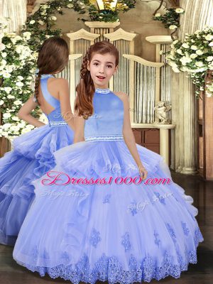 Lavender Tulle Backless Ball Gown Prom Dress Sleeveless Floor Length Appliques