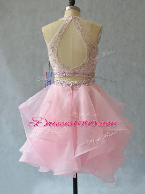 Low Price Baby Pink Two Pieces Tulle Halter Top Sleeveless Beading and Ruffles Mini Length Backless Evening Dress