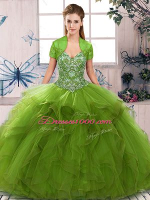 Custom Fit Olive Green Off The Shoulder Neckline Beading and Ruffles Sweet 16 Quinceanera Dress Sleeveless Lace Up