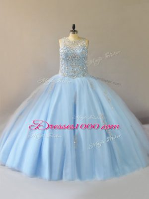 Custom Made Light Blue Ball Gowns Beading Quinceanera Dress Lace Up Tulle Sleeveless Floor Length