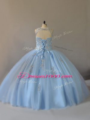 Custom Made Light Blue Ball Gowns Beading Quinceanera Dress Lace Up Tulle Sleeveless Floor Length