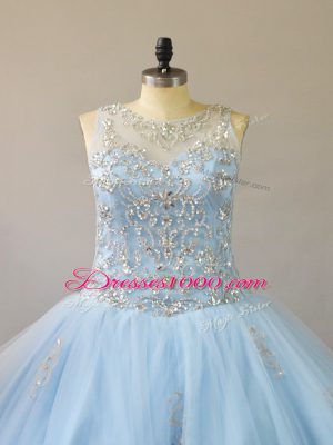 Custom Made Light Blue Ball Gowns Beading Quinceanera Dress Lace Up Tulle Sleeveless Floor Length