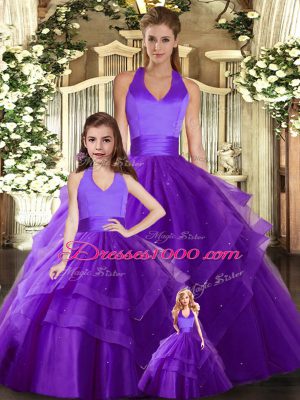 Halter Top Sleeveless Lace Up Sweet 16 Quinceanera Dress Purple Tulle