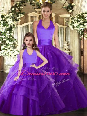 Halter Top Sleeveless Lace Up Sweet 16 Quinceanera Dress Purple Tulle