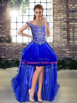 Graceful A-line Pageant Dress for Girls Royal Blue Off The Shoulder Tulle Sleeveless High Low Lace Up
