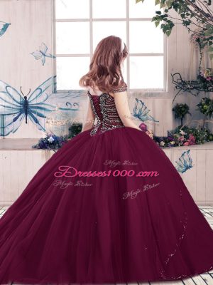 Wine Red Tulle Lace Up Spaghetti Straps Sleeveless Floor Length Pageant Gowns For Girls Beading