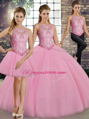 Tulle Sleeveless Floor Length 15th Birthday Dress and Embroidery