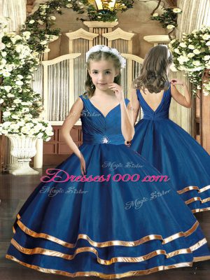 Affordable Tulle V-neck Sleeveless Backless Beading and Ruffled Layers 15 Quinceanera Dress in Navy Blue