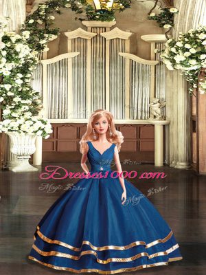 Affordable Tulle V-neck Sleeveless Backless Beading and Ruffled Layers 15 Quinceanera Dress in Navy Blue