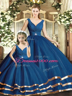 Affordable Tulle V-neck Sleeveless Backless Beading and Ruffled Layers 15 Quinceanera Dress in Navy Blue