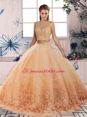 Peach Sleeveless Lace Backless Sweet 16 Dresses