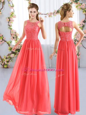 Beautiful Floor Length Coral Red Wedding Guest Dresses Scoop Sleeveless Zipper
