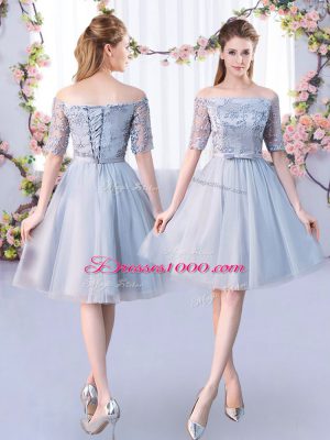 Grey Short Sleeves Tulle Lace Up Bridesmaid Dress for Wedding Party