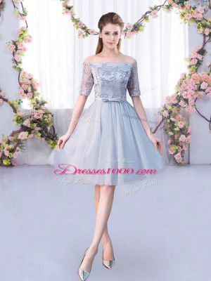 Grey Short Sleeves Tulle Lace Up Bridesmaid Dress for Wedding Party