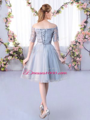 Grey Short Sleeves Tulle Lace Up Bridesmaid Dress for Wedding Party