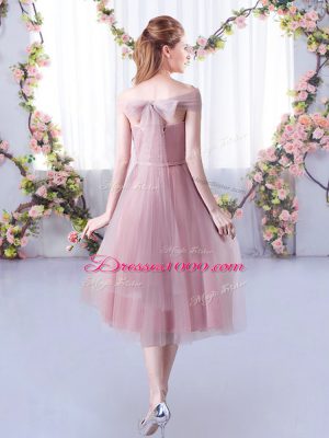 Off The Shoulder Sleeveless Tulle Bridesmaid Gown Belt Lace Up