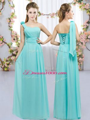 Clearance Floor Length Lace Up Bridesmaid Dresses Aqua Blue for Wedding Party with Hand Made Flower