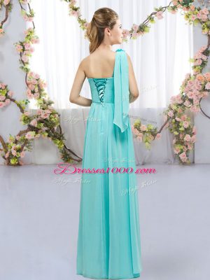 Clearance Floor Length Lace Up Bridesmaid Dresses Aqua Blue for Wedding Party with Hand Made Flower