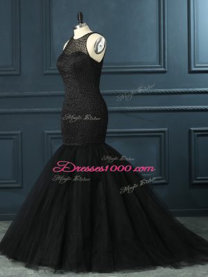 Popular Black Mermaid Beading Homecoming Dress Zipper Tulle Sleeveless Floor Length