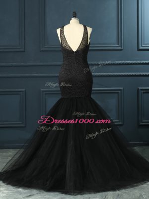 Popular Black Mermaid Beading Homecoming Dress Zipper Tulle Sleeveless Floor Length