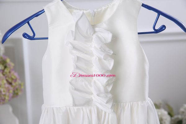 Excellent White Satin Zipper Scoop Sleeveless Tea Length Flower Girl Dresses Ruffles