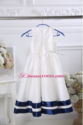 Excellent White Satin Zipper Scoop Sleeveless Tea Length Flower Girl Dresses Ruffles