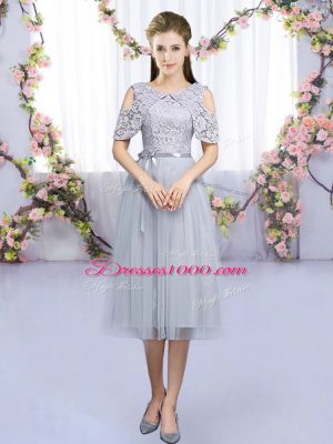 Tea Length Grey Court Dresses for Sweet 16 Scoop Sleeveless Zipper