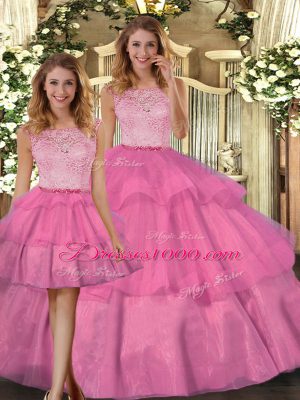 Latest Lace 15th Birthday Dress Hot Pink Zipper Sleeveless Floor Length