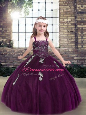 Eggplant Purple Tulle Lace Up Straps Sleeveless Floor Length Little Girls Pageant Dress Wholesale Appliques