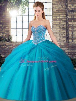 Attractive Aqua Blue Sleeveless Tulle Brush Train Lace Up Vestidos de Quinceanera for Military Ball and Sweet 16 and Quinceanera