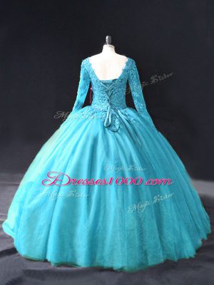 Inexpensive Aqua Blue Lace Up V-neck Lace and Appliques Sweet 16 Dresses Tulle Long Sleeves