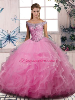 Off The Shoulder Sleeveless Lace Up Sweet 16 Dress Rose Pink Tulle