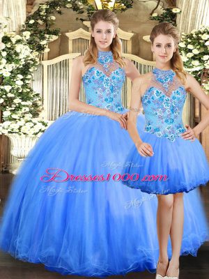 Elegant Floor Length Blue Ball Gown Prom Dress Tulle Sleeveless Embroidery